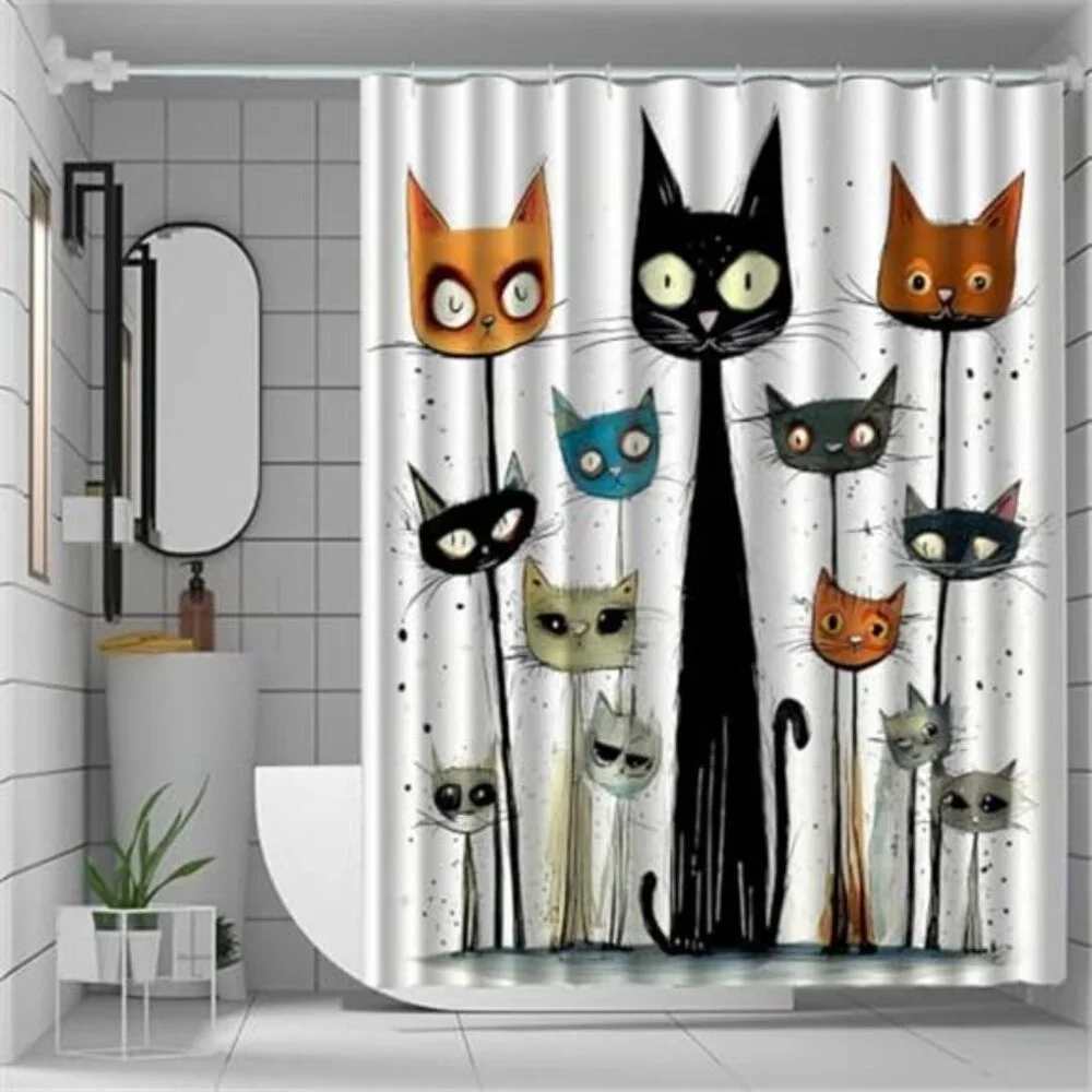 Funny Cat Shower Curtain Set, Cute Shower Curtain for Kids,Washable Durable